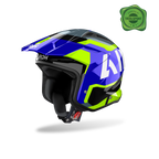 Airoh TRR II Jupiter blu e giallo lucido, casco jet da trial con frontino visto di tre quarti