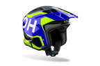 Casco da trial Airoh TRR II Jupiter blu e giallo lucido visto di tre quarti dal lato opposto