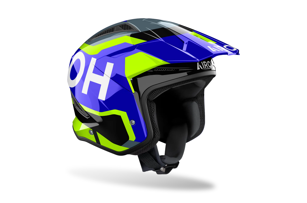 Casco da trial Airoh TRR II Jupiter blu e giallo lucido visto di tre quarti dal lato opposto