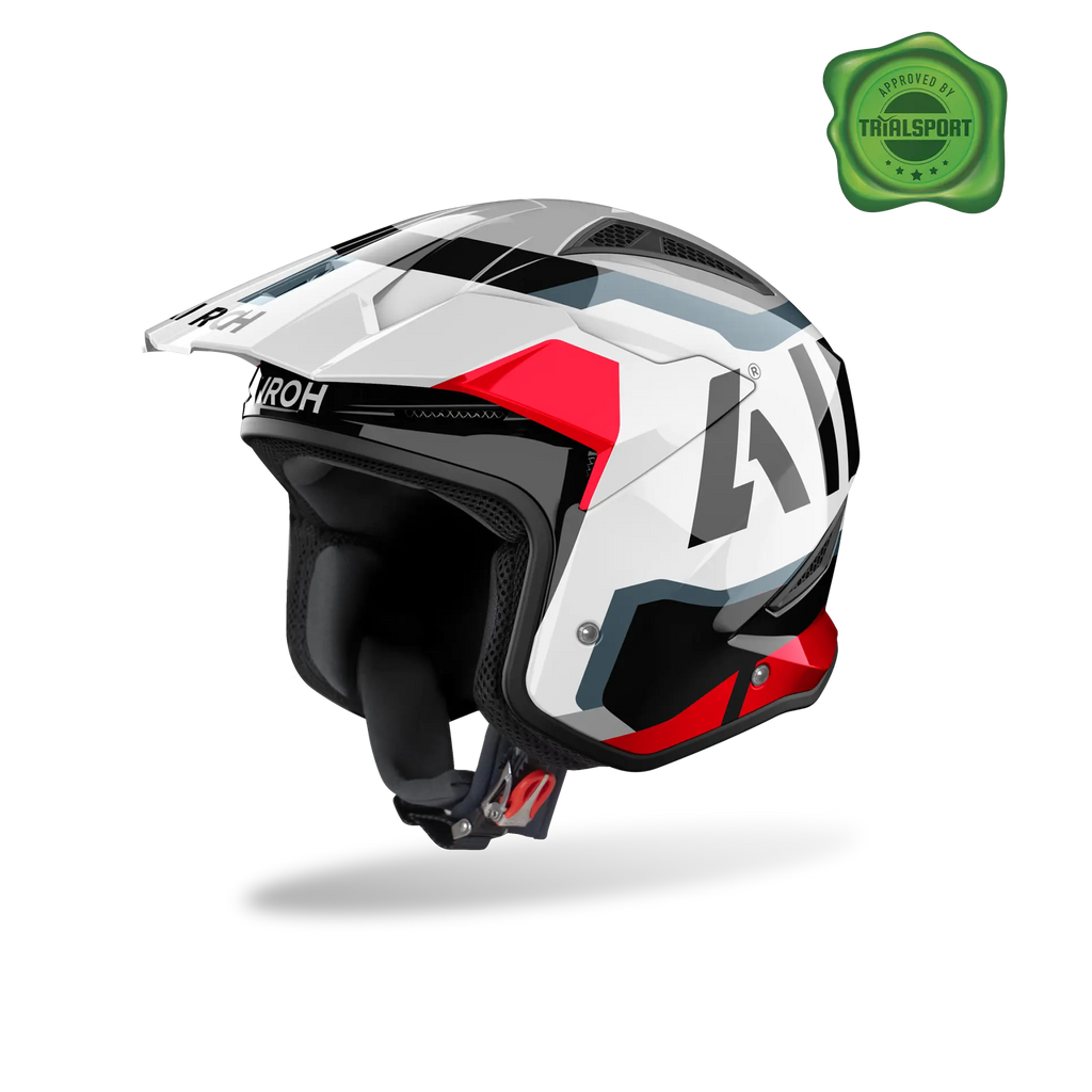 Airoh TRR II Jupiter rosso lucido, casco jet da trial con frontino visto di tre quarti