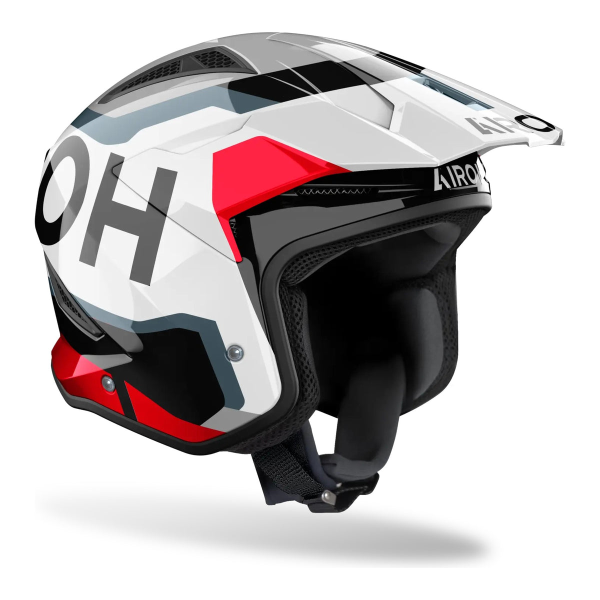 Casco da trial Airoh TRR II Jupiter rosso lucido visto di tre quarti dal lato opposto