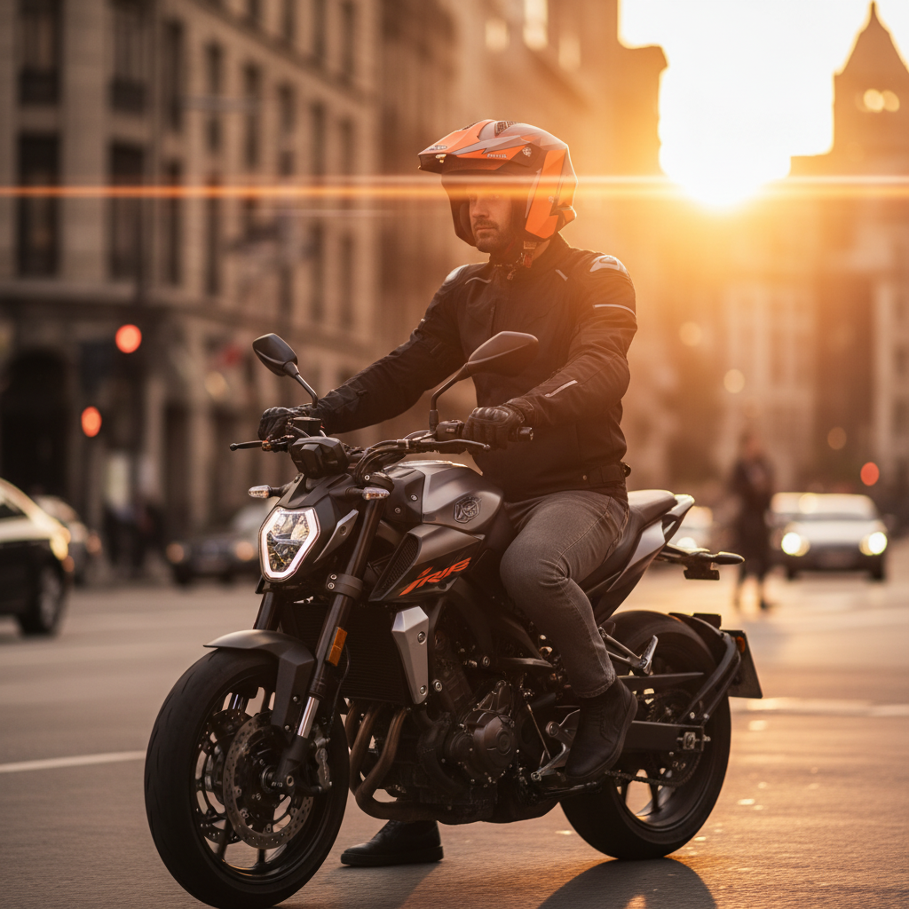 Centauro controluce al tramonto con casco jet trial Airoh TRR S Pure arancio