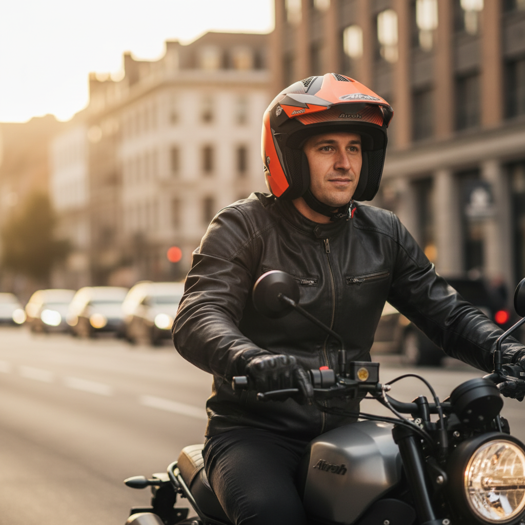 Donna in sella a una moto classica urbana con casco jet Airoh TRR S Pure