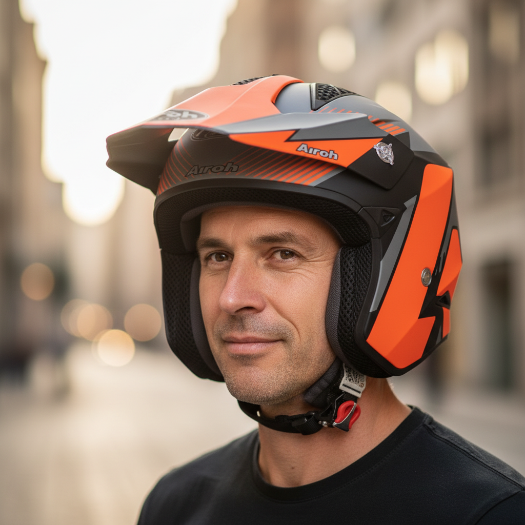 Uomo sorridente indossa il casco jet trial Airoh TRR S Pure arancio in strada