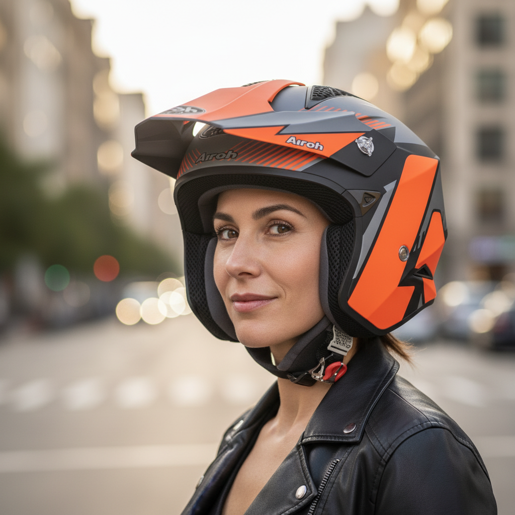 Motociclista donna con giacca nera e casco Airoh TRR S Pure arancio in città