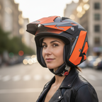 Motociclista donna con giacca nera e casco Airoh TRR S Pure arancio in città
