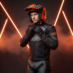 Motociclista con casco Airoh TRR S Pure arancio su fondo fumoso rosso in studio