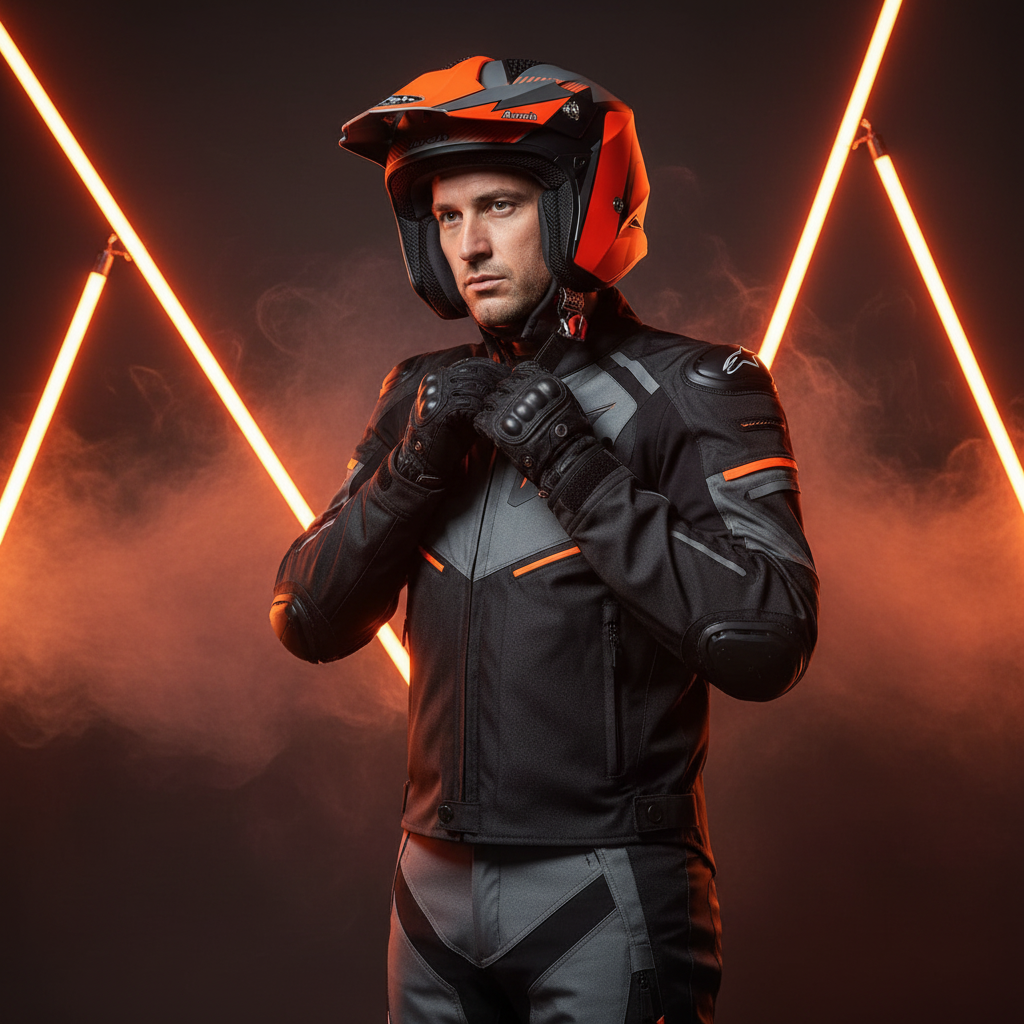 Motociclista con casco Airoh TRR S Pure arancio su fondo fumoso rosso in studio