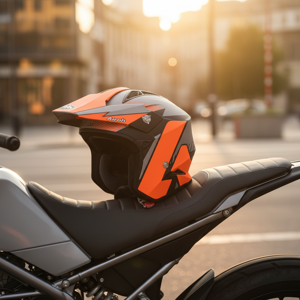 Casco Airoh TRR S Pure arancio appoggiato alla sella di una moto in città