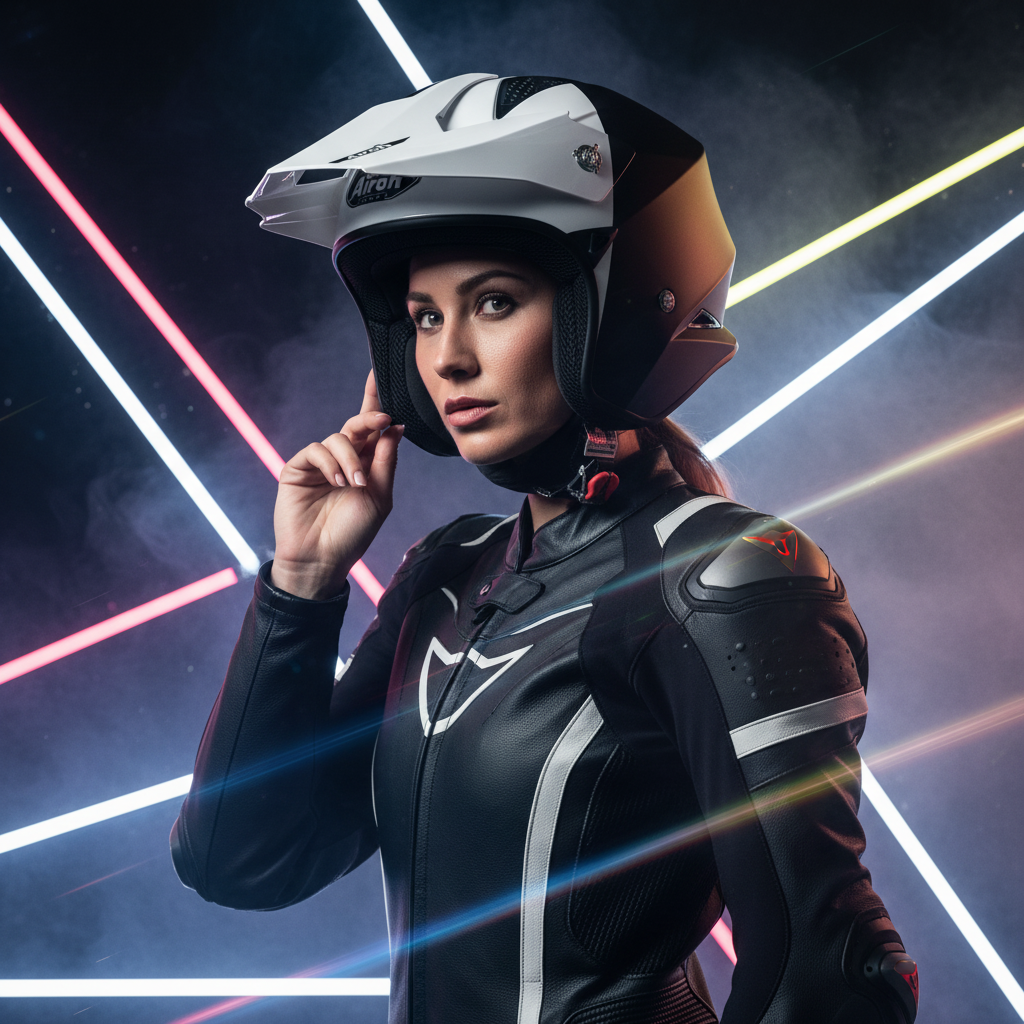 Donna con la mano sul casco Airoh TRR S Town bianco, sfondo neon rosa e blu