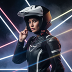 Donna con la mano sul casco Airoh TRR S Town bianco, sfondo neon rosa e blu