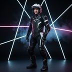Motociclista in piedi fra luci al neon con casco jet Airoh TRR S Town bianco