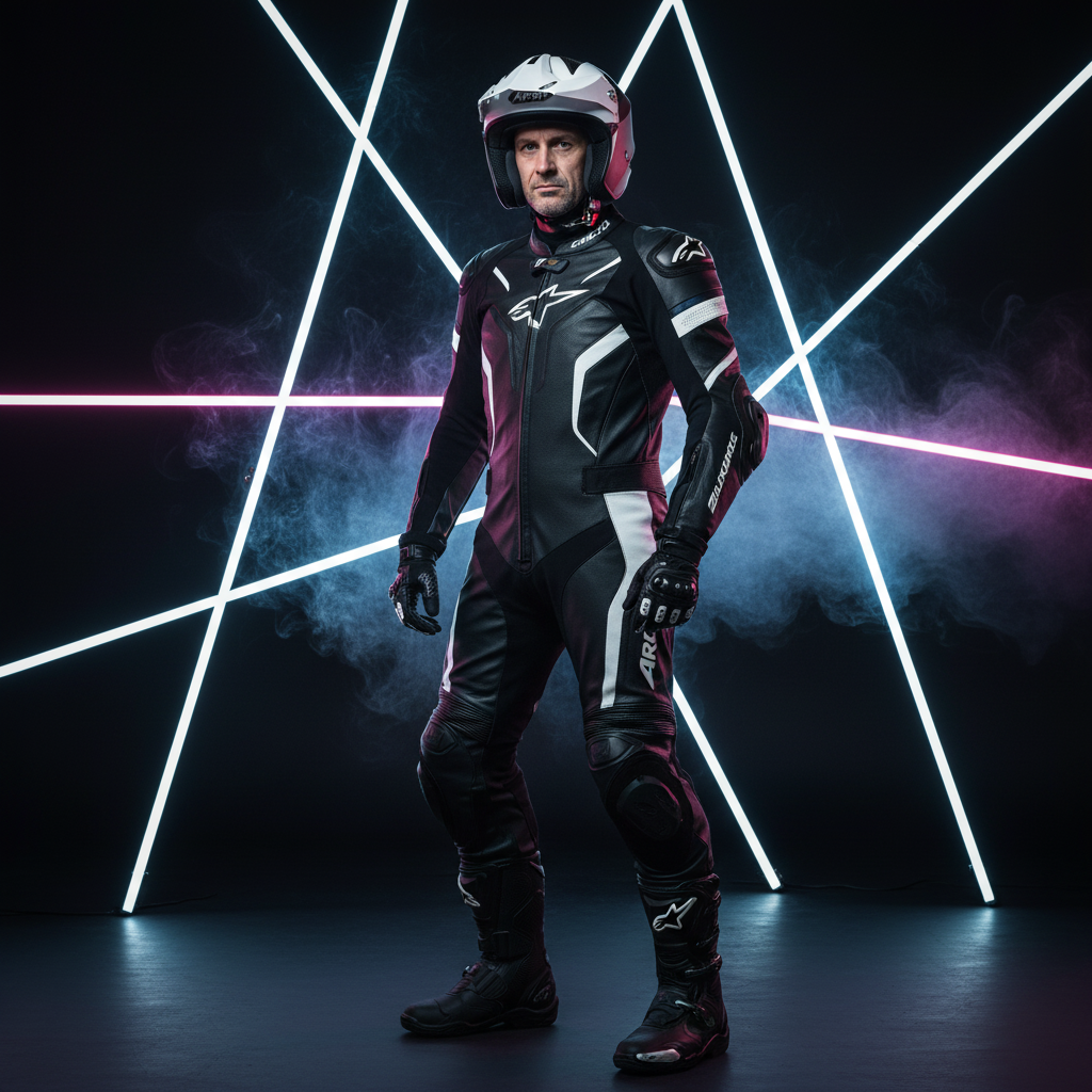 Motociclista in piedi fra luci al neon con casco jet Airoh TRR S Town bianco