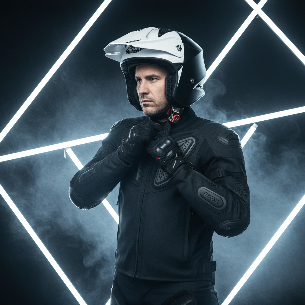 Motociclista indossa i guanti con casco Airoh TRR S Town in studio fumoso
