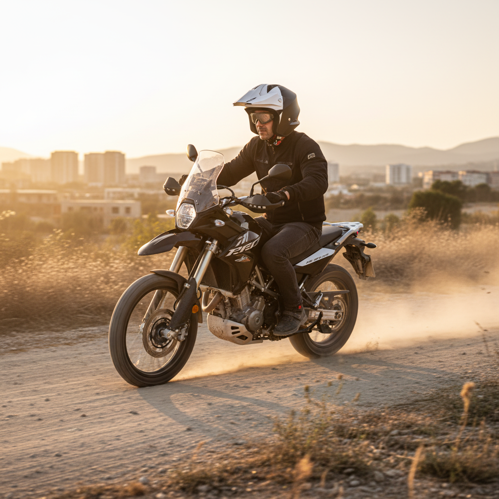 Motociclista su strada sterrata con casco jet trial Airoh TRR S Town bianco