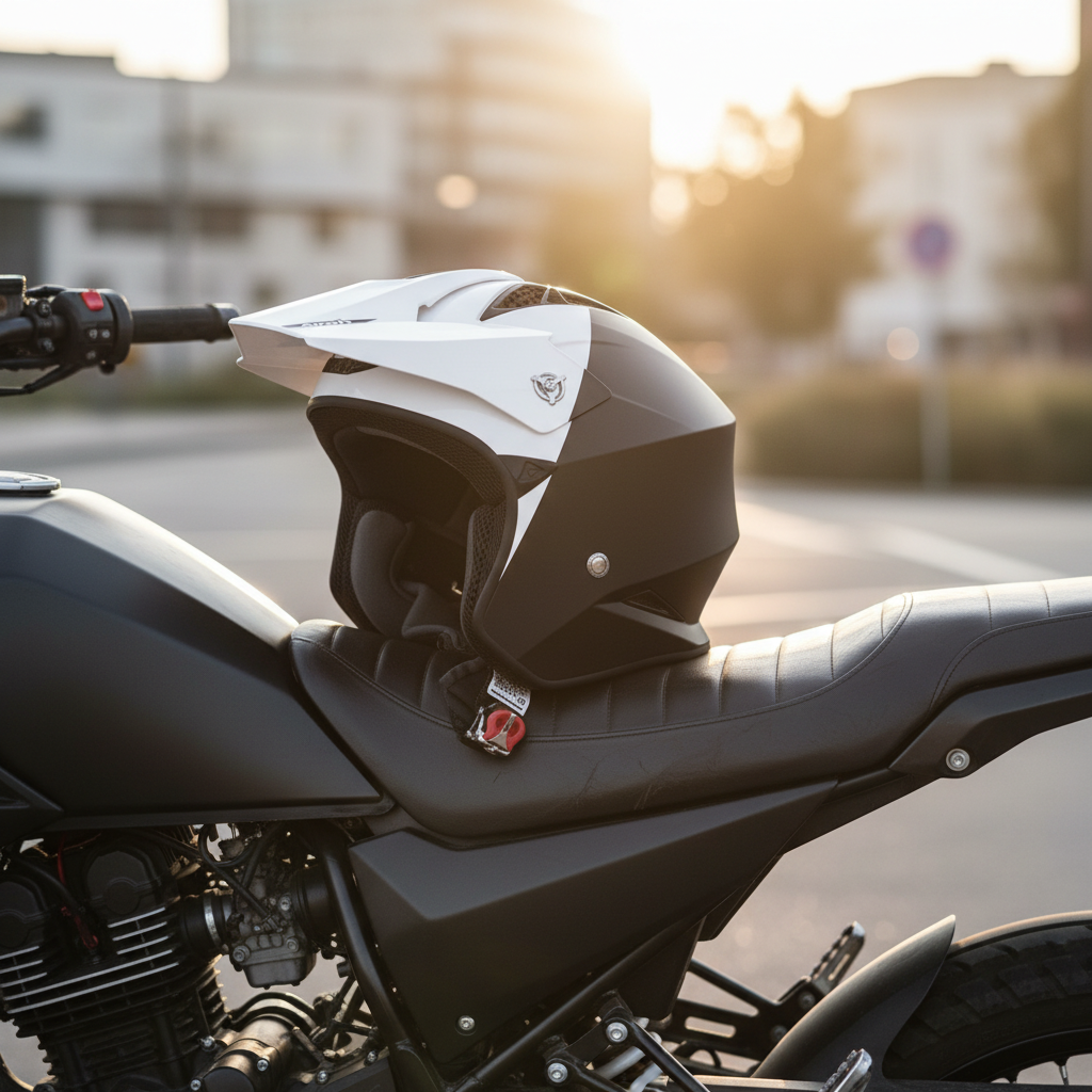 Casco Airoh TRR S Town bianco appoggiato al codone di una moto al tramonto