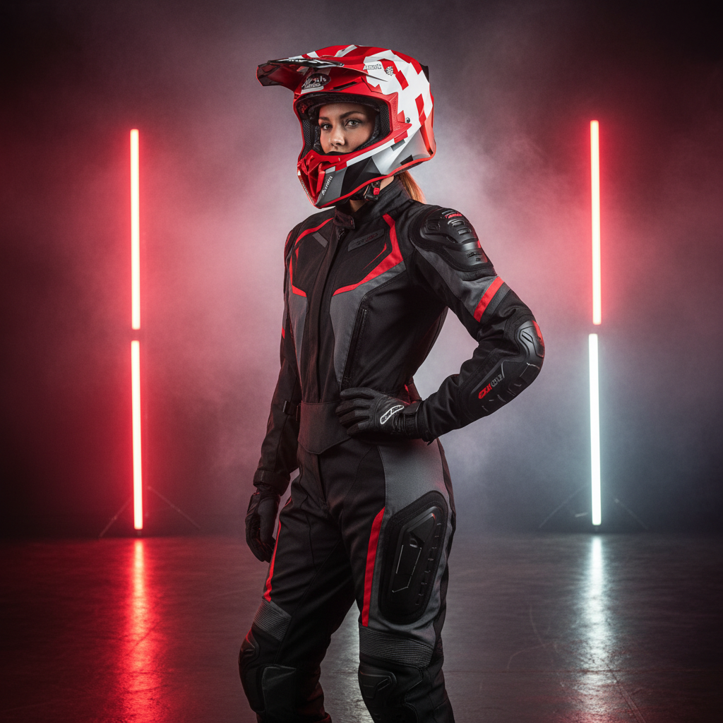Motociclista fra due barre luminose rosse con casco cross Airoh Twist 2.0 Frame rosso opaco