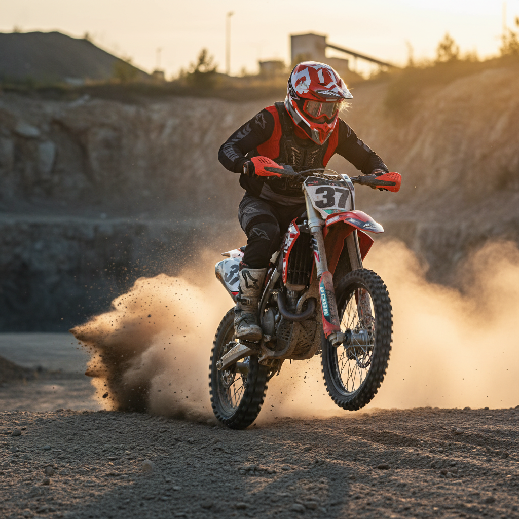 Pilota di enduro solleva polvere in cava con casco Airoh Twist 2.0 Frame rosso opaco