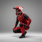 Pilota accovacciato in completo rosso e nero con casco Airoh Twist 2.0 Frame rosso opaco, in studio