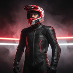 Pilota in tuta nera e rossa fra luci al neon con casco Airoh Twist 2.0 Frame rosso opaco