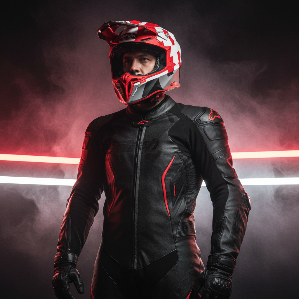 Pilota in tuta nera e rossa fra luci al neon con casco Airoh Twist 2.0 Frame rosso opaco