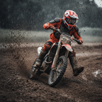 Pilota di motocross nel fango sotto la pioggia con casco Airoh Twist 2.0 Frame rosso opaco