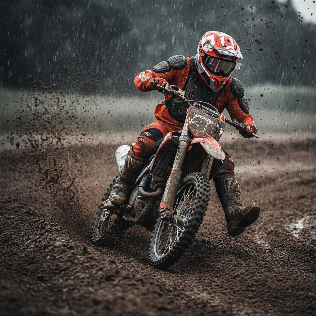 Pilota di motocross nel fango sotto la pioggia con casco Airoh Twist 2.0 Frame rosso opaco