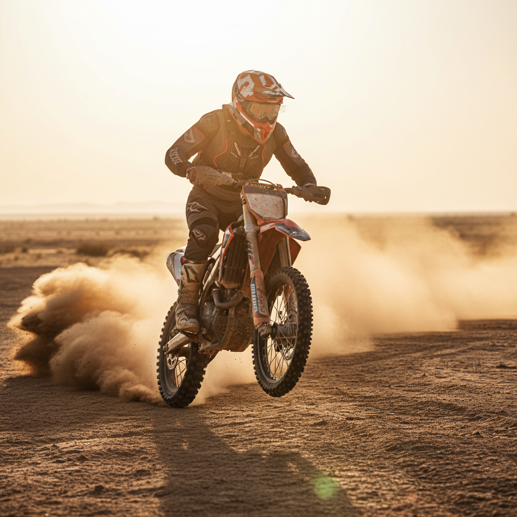 Pilota controluce nella polvere del deserto con casco Airoh Twist 2.0 Frame rosso opaco