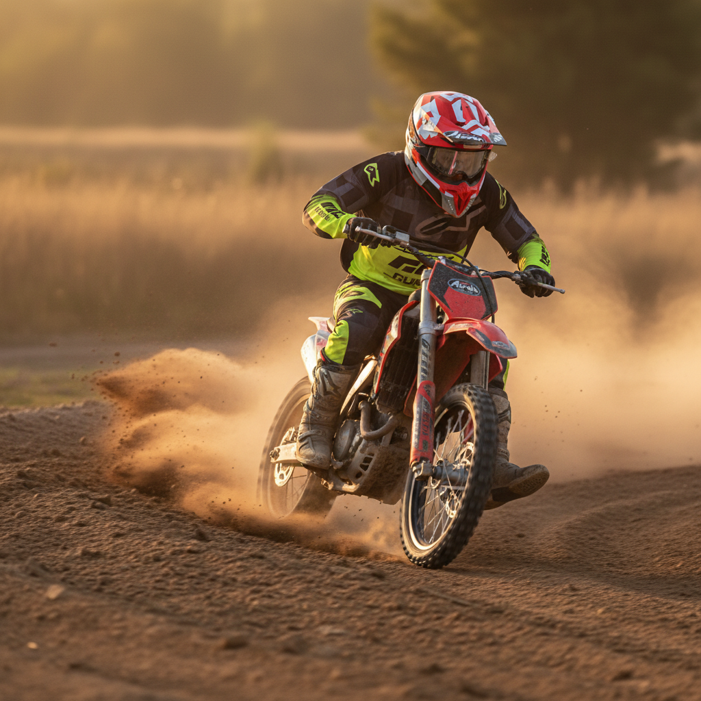 Pilota di motocross in derapata sullo sterrato con casco Airoh Twist 2.0 Frame rosso opaco
