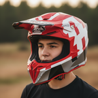 Ritratto di giovane pilota con casco cross Airoh Twist 2.0 Frame rosso opaco e bianco