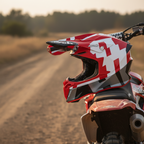 Casco cross Airoh Twist 2.0 Frame rosso opaco appoggiato a una moto da enduro sullo sterrato