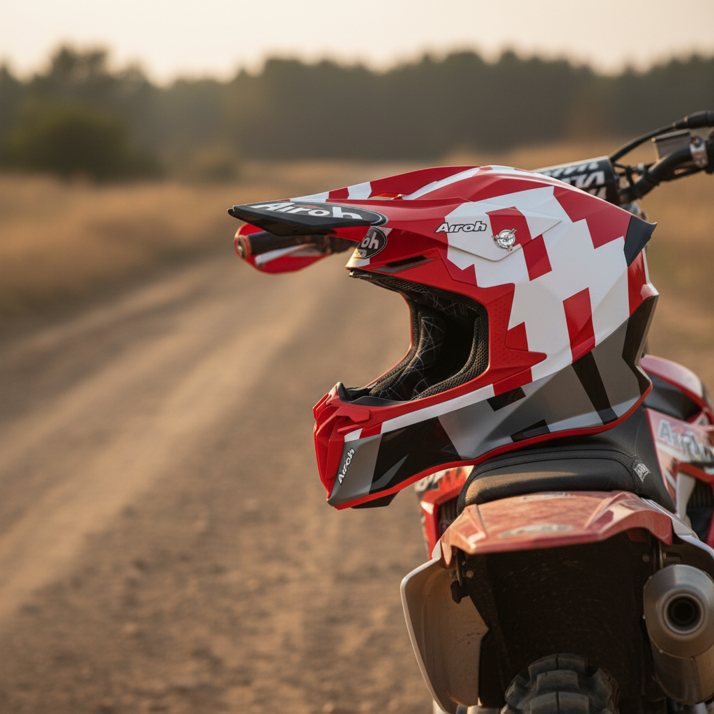 Casco cross Airoh Twist 2.0 Frame rosso opaco appoggiato a una moto da enduro sullo sterrato
