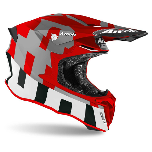 Casco cross Airoh Twist 2.0 Frame TW2F55 rosso opaco con blocchi bianchi e grigi, tre quarti anteriore destro con frontino