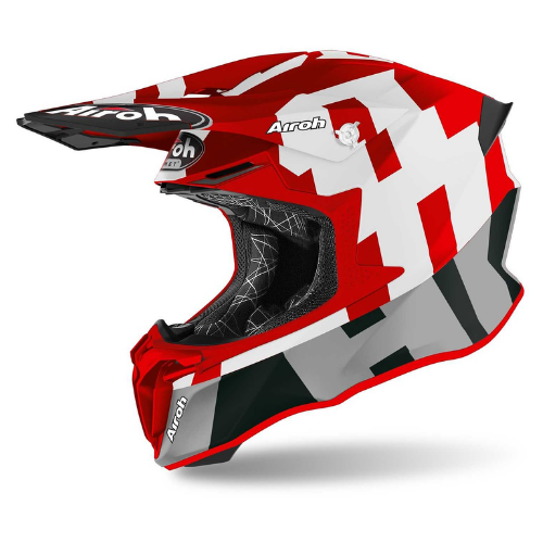 Casco cross Airoh Twist 2.0 Frame TW2F55 rosso opaco con blocchi bianchi e grigi, tre quarti anteriore sinistro