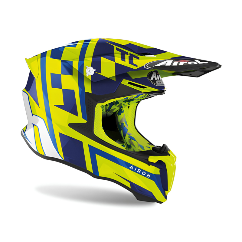 Casco cross Airoh Twist 2.0 TC21 TW2TC2131 giallo fluo e blu lucido con logo TC sul frontino, tre quarti anteriore destro