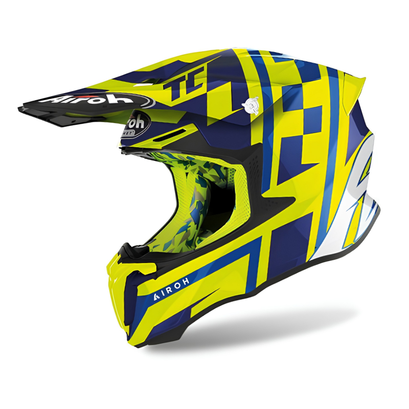 Casco cross Airoh Twist 2.0 TC21 TW2TC2131 giallo fluo e blu lucido, grafica Cairoli, tre quarti anteriore sinistro