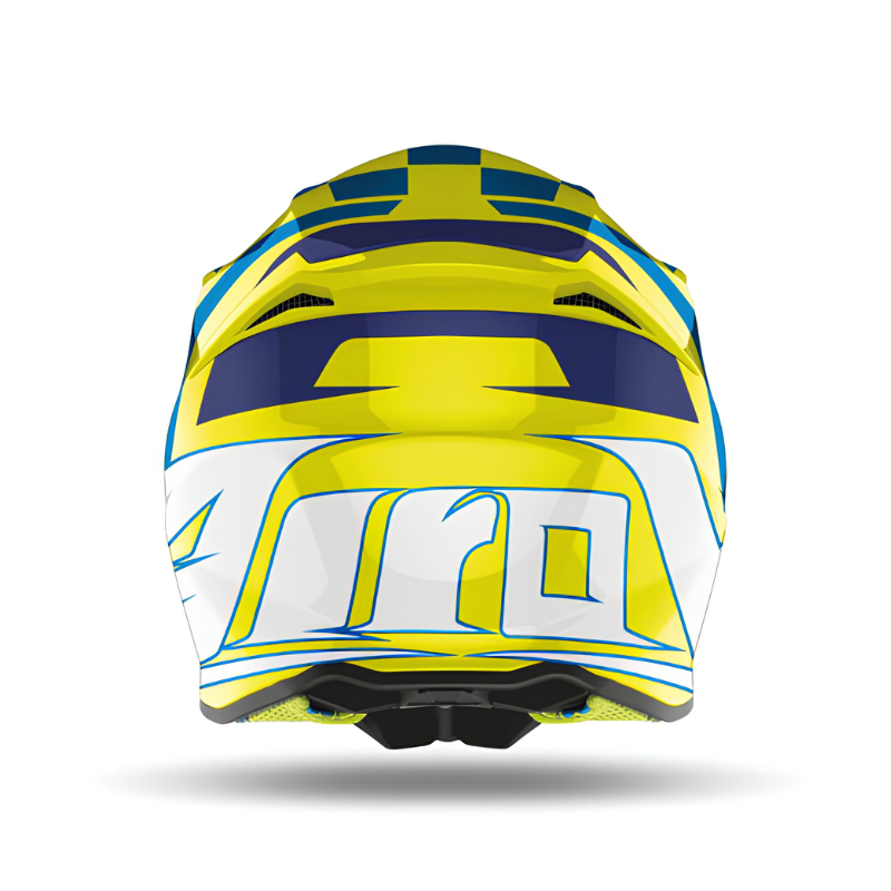 Retro del casco cross Airoh Twist 2.0 TC21 TW2TC2131 giallo fluo e blu lucido con grande scritta Airoh bianca