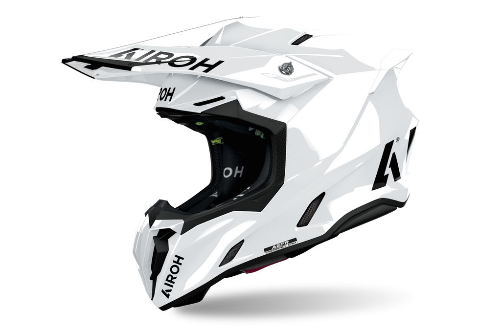 Casco cross Airoh Twist 3 Color bianco lucido, vista tre quarti anteriore sinistra