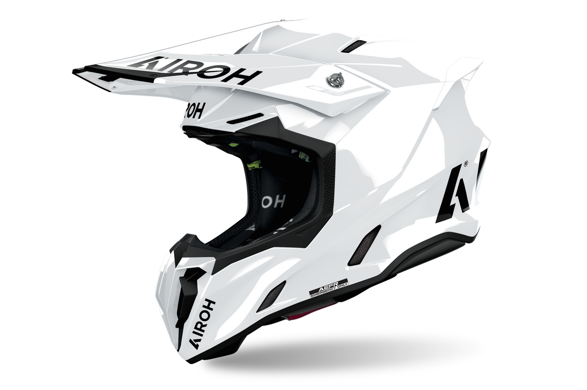 Casco cross Airoh Twist 3 Color bianco lucido, vista tre quarti anteriore sinistra