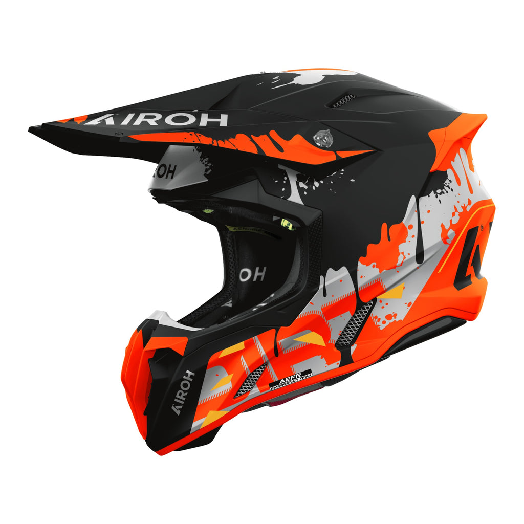 Casco cross Airoh Twist 3 Dirt nero arancione opaco, vista tre quarti anteriore sinistra