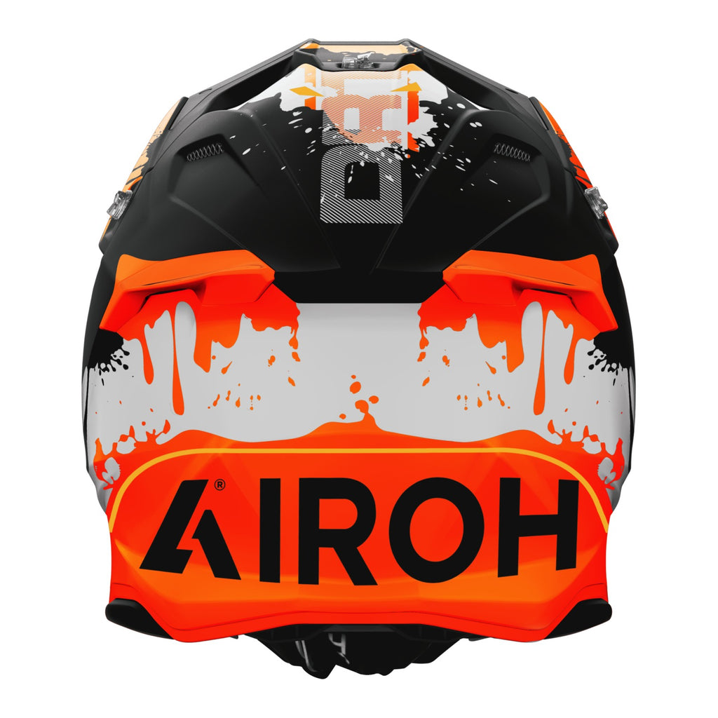 Twist 3 Dirt Airoh in nero e arancio opaco, vista posteriore con il logo Airoh