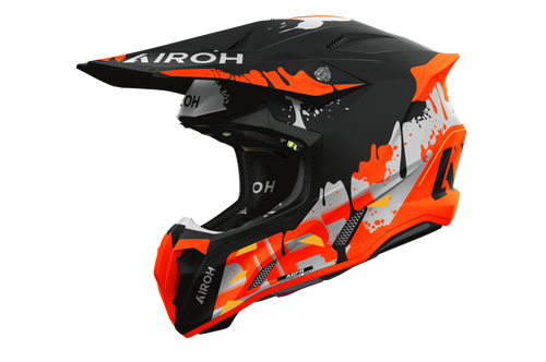 Casco cross Airoh Twist 3 Dirt nero arancione opaco, vista tre quarti anteriore sinistra
