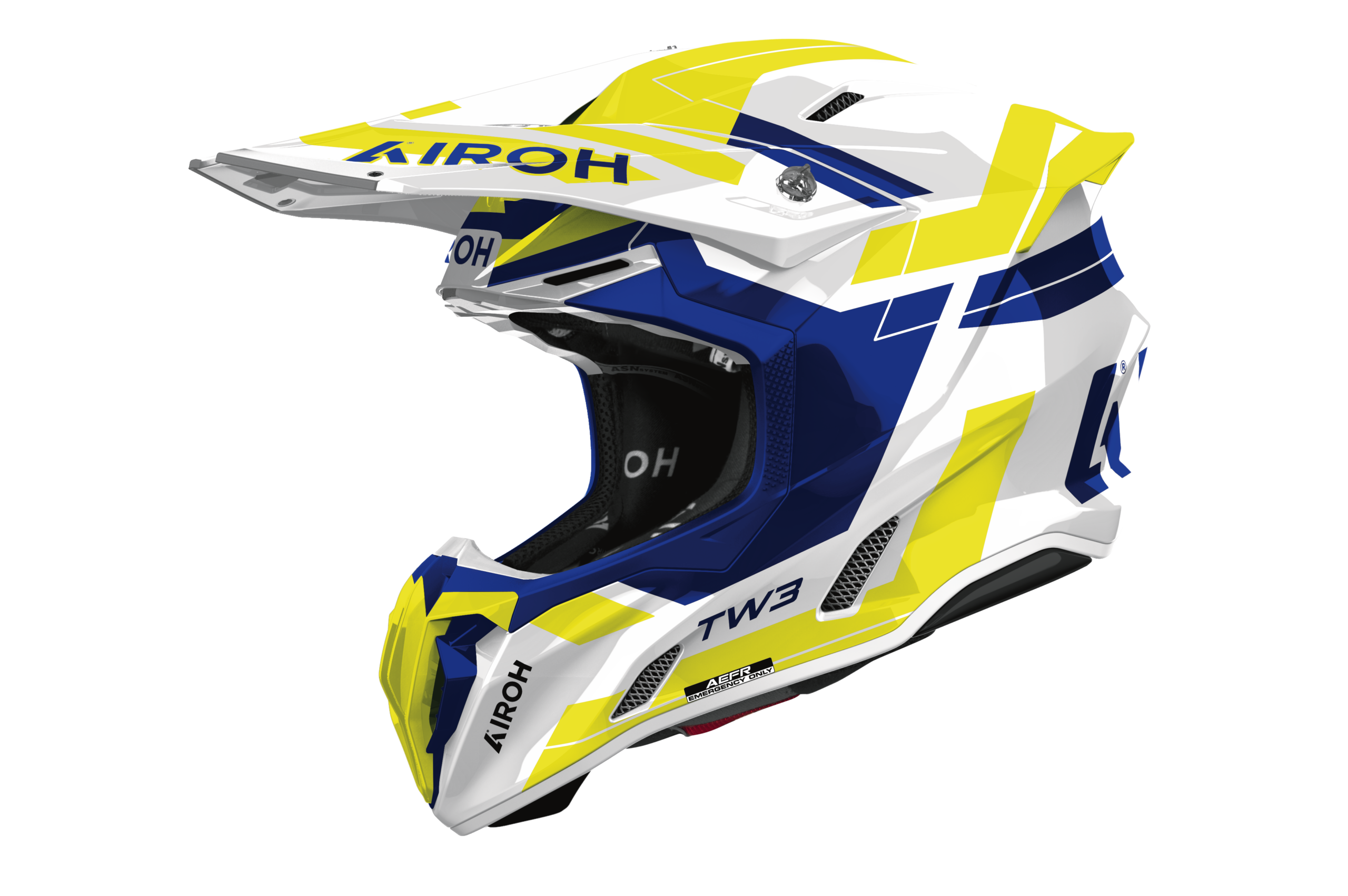 Casco cross Airoh Twist 3 Dynasty blu giallo, vista tre quarti anteriore sinistra
