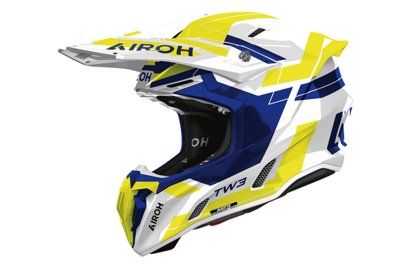 Casco cross Airoh Twist 3 Dynasty blu giallo, vista tre quarti anteriore sinistra