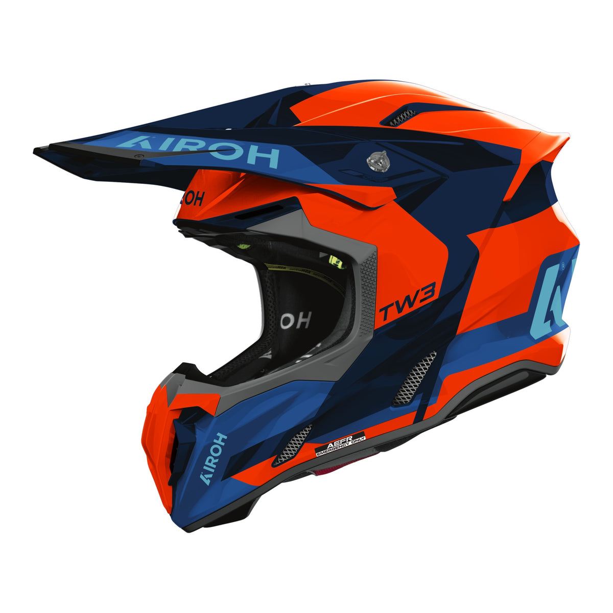 Casco cross Airoh Twist 3 Fancy arancione blu, vista tre quarti anteriore sinistra