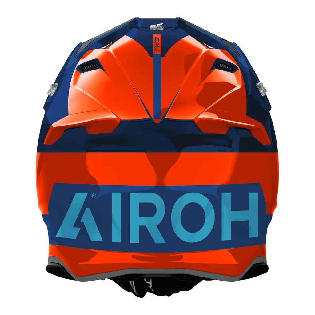 Twist 3 Fancy Airoh in arancio e blu lucido, vista posteriore con il logo Airoh