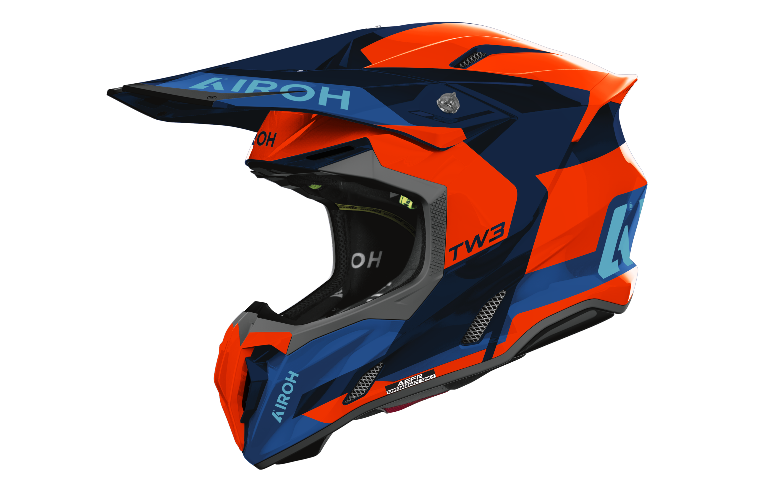 Casco cross Airoh Twist 3 Fancy arancione blu, vista tre quarti anteriore sinistra