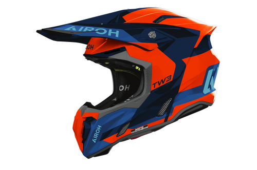 Casco cross Airoh Twist 3 Fancy arancione blu, vista tre quarti anteriore sinistra