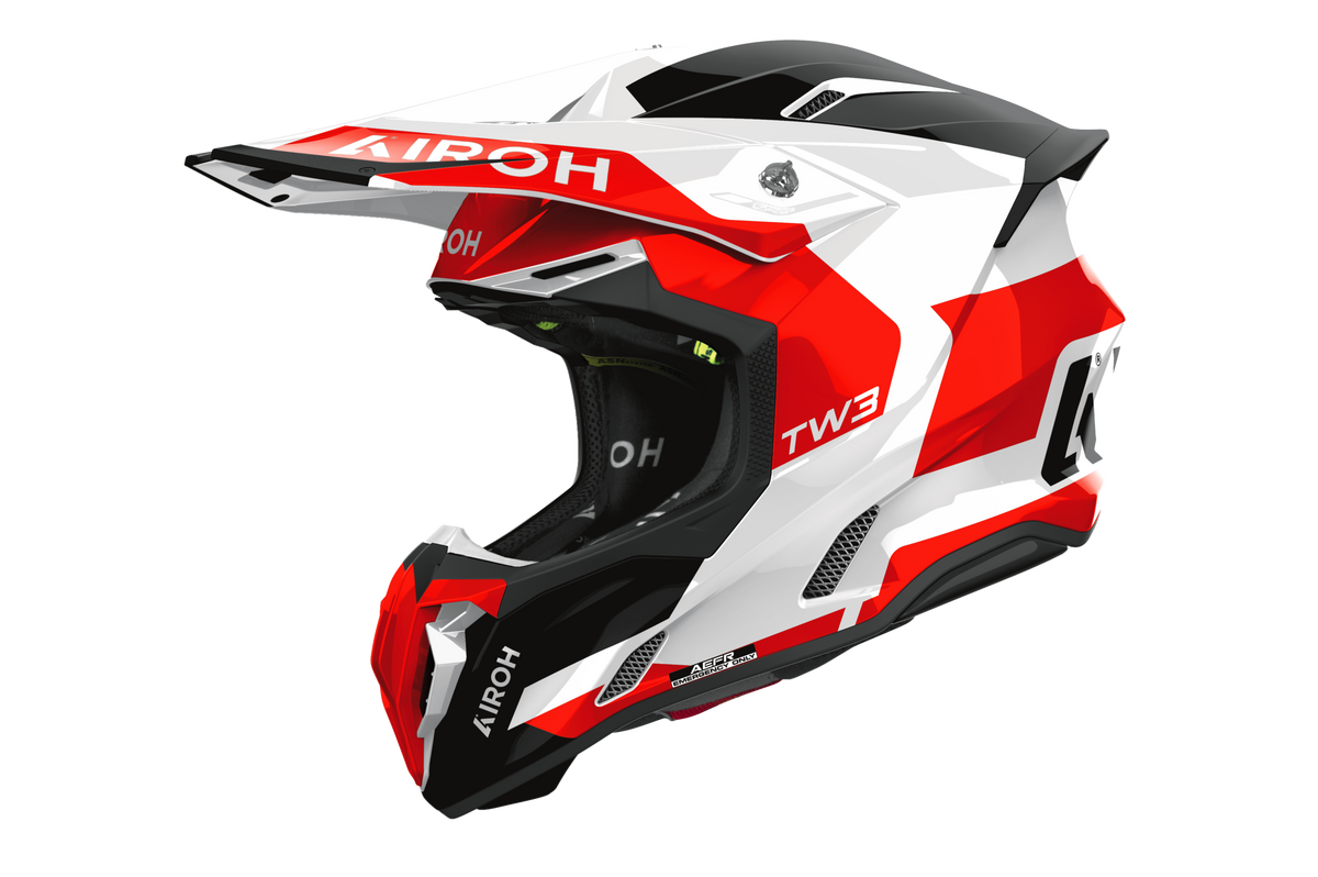 Casco cross Airoh Twist 3 Fancy rosso bianco, vista tre quarti anteriore sinistra