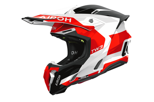 Casco cross Airoh Twist 3 Fancy rosso bianco, vista tre quarti anteriore sinistra